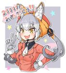  1girl animal_ears extra_ears fox_ears fox_girl gloves grey_background grey_hair hat highres island_fox_(kemono_friends) jacket kemono_friends kemono_friends_v_project long_hair looking_at_viewer microphone necktie orange_ardy1203 orange_hair ribbon shirt simple_background solo translation_request twintails upper_body v virtual_youtuber yellow_eyes 