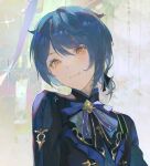  1boy androgynous ascot black_bow black_coat blue_hair bow closed_mouth coat fae_(faereiyon) genshin_impact hair_between_eyes hair_bow highres looking_at_viewer male_focus mandarin_collar portrait short_hair smile solo xingqiu_(bamboo_rain)_(genshin_impact) xingqiu_(genshin_impact) yellow_eyes 