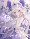  1girl blonde_hair chun123 dress enna_alouette ethyria feathers gem head_wings highres long_hair looking_at_viewer nijisanji nijisanji_en open_mouth purple_gemstone purple_wings smile solo tagme violet_eyes virtual_youtuber white_dress wings 