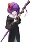  1girl absurdres aged_down backlighting black_robe blunt_bangs bob_cut bow child cowboy_shot dot_nose dress english_commentary fern_(sousou_no_frieren) hair_bow head_tilt highres holding holding_staff looking_at_viewer mage_staff neratul purple_hair red_bow robe short_hair sideways_glance simple_background solo sousou_no_frieren staff straight_hair violet_eyes white_background white_dress 