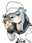  1girl black_hair black_sailor_collar blue_hair bottle flat_cap hammer_and_sickle hat hibiki_(kancolle) hibiki_(whisky) highres holding holding_bottle kantai_collection kirima_(kirima_msgo) long_hair looking_at_viewer name_connection sailor_collar sailor_shirt school_uniform serafuku shirt simple_background solo star_(symbol) upper_body verniy_(kancolle) white_background white_headwear white_shirt 