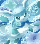  :o animal_focus berry blue_background blue_bow blue_eyes blue_fur blue_sclera bow colored_sclera flower full_body gem glaceon highres looking_at_viewer no_humans open_mouth pearl_(gemstone) pokemon pokemon_(creature) pokemon_dppt pokemon_platinum sasabunecafe snow tail 
