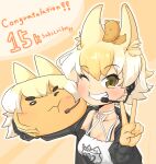  1girl absurdres animal_ears blonde_hair camisole coyopotato coyote_(kemono_friends) extra_ears gloves highres jacket kemono_friends kemono_friends_v_project looking_at_viewer microphone one_eye_closed orange_ardy1203 orange_background short_hair simple_background upper_body v virtual_youtuber wolf_ears wolf_girl yellow_eyes 