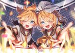  1boy 1girl absurdres ameto_yukino bass_clef blonde_hair blue_eyes blush bow detached_sleeves glowstick hair_bow hair_ornament hairclip headphones headset highres kagamine_len kagamine_rin neckerchief necktie open_mouth reaching reaching_towards_viewer sailor_collar shirt short_hair short_sleeves sleeveless sleeveless_shirt smile treble_clef vocaloid 