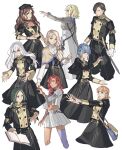  6+girls annette_fantine_dominic black_hair blonde_hair blue_hair brown_hair constance_von_nuvelle dorothea_arnault fire_emblem fire_emblem:_three_houses garreg_mach_monastery_uniform green_hair hapi_(fire_emblem) highres hubert_von_vestra linhardt_von_hevring lysithea_von_ordelia marianne_von_edmund mercedes_von_martritz multiple_girls nanao_parakeet outstretched_hand redhead white_background white_hair 