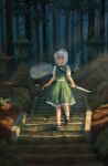  black_footwear black_headband flower green_jacket green_skirt headband highres jacket konpaku_youmu looking_down moss red_eyes satellitedragon sheath sheathed short_sleeves short_sword skirt stairs sword tantou touhou tree walking weapon white_hair wide-eyed 