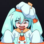  1girl bags_under_eyes black_background blue_eyes blue_hair chef chef_hat cryptidhermit drooling hair_between_eyes hat hatsune_miku long_hair looking_at_viewer mouth_drool neckerchief open_mouth orange_neckerchief orange_pupils sharp_teeth shrimpku simple_background sleeves_past_fingers sleeves_past_wrists solo teeth twintails upper_body vocaloid white_headwear 