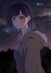  1girl blue_eyes blue_hair blush brown_jacket closed_mouth commentary copyright_name fur-trimmed_hood fur_trim gradient_hair hair_behind_ear hashtag_only_commentary hood hooded_jacket jacket kurokawa_akane looking_at_viewer multicolored_hair nara_(menosora) night night_sky open_clothes open_jacket oshi_no_ko outdoors shooting_star sky solo star_(sky) starry_sky upper_body wavy_mouth 