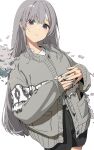  1girl black_pants character_request closed_mouth copyright_request grey_hair grey_sweater head_tilt highres long_hair long_sleeves looking_at_viewer noeru own_hands_together pants shirt shorts smile solo sweater violet_eyes virtual_youtuber white_background white_shirt 