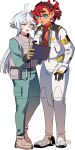  2girls ahoge angry black_hairband blue_eyes bodysuit commentary_request drinking_straw gloves grey_eyes gundam gundam_suisei_no_majo hairband highres holding holding_carton holding_tablet_pc korean_commentary long_hair miorine_rembran multiple_girls open_mouth redhead short_hair simple_background spacesuit suletta_mercury sweatdrop tablet_pc thick_eyebrows twitter_username white_background white_bodysuit white_hair yurisuki00 