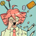  1girl adjusting_eyewear ahoge blue_background chromatic_aberration closed_eyes collared_shirt commentary cryptidhermit dart drill_hair eyelashes jacket kasane_teto necktie open_mouth pathological_facade_(synthesizer_v) pill pill_bottle pink_hair pink_necktie round_eyewear shirt solo syringe twin_drills upper_body utau white_jacket 