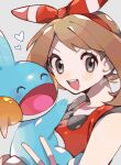  1girl :d bare_shoulders blush bow brown_hair grey_eyes hair_bow heart highres holding holding_pokemon kawasaki_(kwsk_8765) looking_at_viewer may_(pokemon) mudkip open_mouth pokemon pokemon_(creature) pokemon_oras red_bow red_shirt shirt sleeveless sleeveless_shirt smile teeth twitter_username upper_body upper_teeth_only 