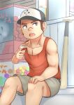  1boy aged_down akashi_(live_a_hero) child eating highres live_a_hero long_sideburns male_focus muscular muscular_child red_eyes red_tank_top redhead sabita_kan scar scar_on_face scar_on_nose short_hair shorts sideburns sitting solo tank_top thick_eyebrows 
