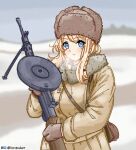  1girl bipod blonde_hair blue_eyes blurry blurry_background blush braid brown_headwear closed_mouth coat commentary day dp-27 dp28_(girls&#039;_frontline) english_commentary expressionless fur-trimmed_coat fur_hat fur_trim girls_frontline gun hat holding holding_gun holding_weapon light_machine_gun long_sleeves looking_at_viewer machine_gun military_coat military_hat military_uniform mittens outdoors snow soldier solo twitter_username twitter_x_logo uniform upper_body ushanka vkontakte_logo vkontakte_username voven weapon yellow_coat 