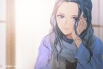  1girl blue_eyes bracelet cardigan commentary hand_on_own_cheek hand_on_own_face jewelry long_hair looking_at_viewer nico_robin one_piece potechi_norisio red_nails scarf sidelocks smile sweater turtleneck turtleneck_sweater twitter_username 