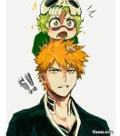  !? 1boy 1girl arrancar artist_name bleach bleach:_sennen_kessen-hen broken_mask facial_mark green_eyes green_hair hand_on_another&#039;s_head highres kurosaki_ichigo looking_up lower_teeth_only mask nelliel_tu_odelschwanck on_person open_mouth orange_eyes orange_hair raised_eyebrow scar scar_on_face scar_on_forehead sharl0ck shihakusho shinigami skull_mask smock sparkle teeth upper_body white_background 