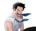  1boy aged_down black_hair blue_neckerchief closed_eyes commentary_request korean_commentary male_focus monkey_d._garp neckerchief one_piece open_mouth scar scar_on_cheek scar_on_face seseasl short_hair simple_background sleeveless smile solo teeth uniform white_background 