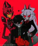  1girl 2boys alastor_(hazbin_hotel) amamiya_ren black_coat black_hair btmr_game coat crossover gloves grin hair_between_eyes hand_on_own_hip hazbin_hotel helltaker highres horns long_hair looking_at_viewer lucifer_(helltaker) mask multicolored_hair multiple_boys necktie persona persona_5 red_background red_coat red_eyes red_gloves redhead simple_background smile star_(symbol) twitter_username white_hair white_mask yellow_teeth 