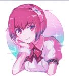  1girl dorothy_haze grin hand_on_own_chin head_rest headband joints looking_at_viewer miichinori portrait puffy_short_sleeves puffy_sleeves red_eyes redhead robot_joints short_hair short_sleeves smile solo va-11_hall-a white_background 
