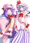  2girls blue_hair book bow dress eichi_yuu fang hair_bow hat highres holding_another&#039;s_hair mob_cap multiple_girls patchouli_knowledge pink_shirt pink_skirt purple_hair red_eyes remilia_scarlet shirt simple_background sitting sitting_on_lap sitting_on_person skirt smile striped_clothes striped_dress touhou vertical-striped_clothes vertical-striped_dress violet_eyes white_background 