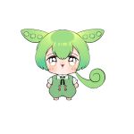  1girl :3 arms_at_sides blush bolo_tie brooch check_commentary check_copyright chibi chiikawa commentary_request copyright_request full_body green_hair green_overalls hamusuta_(hamuchan_dayo) highres jewelry looking_at_viewer low_ponytail open_mouth pleading_eyes shirt sidelocks solo straight-on voicevox white_shirt yellow_eyes zundamon 