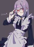  1girl 2022 absurdres adjusting_eyewear apron blush cross cross_earrings earrings elise_(wdsm2344) frilled_apron frills glasses grey_hair highres jewelry long_hair long_sleeves maid nail_polish original red-framed_eyewear solo violet_eyes 