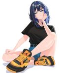  1girl absurdres black_shirt blue_eyes blue_hair hand_on_own_face hand_on_own_leg highres hololive hololive_english light_blush looking_at_viewer ouro_kronii shirt shoes short_hair shorts sitting sneakers zeon_(zzeeonn) 