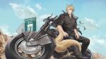  1boy animal_ear_fluff animal_ears arknights belt black_coat black_pants black_shirt blonde_hair blue_sky character_name clouds coat coat_on_shoulders day desert highres horse_boy horse_ears horse_tail leaning_on_object male_focus medium_hair mlynar_(arknights) motor_vehicle motorcycle outdoors pants setsuka_(okuna_sin) shirt sky sleeves_rolled_up solo tail yellow_eyes 