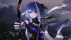  alisa_(punishing:_gray_raven) arrow_(projectile) black_bodysuit blue_hair bodysuit bow_(weapon) cross cross_earrings earrings headgear highres holding holding_bow_(weapon) holding_weapon jewelry mechanical_arms medium_hair one_side_up punishing:_gray_raven sidelocks violet_eyes weapon zhou_huan_(dgpe2833) 