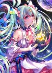  1girl absurdres asymmetrical_gloves blue_eyes blue_hair detached_sleeves dress earth_(planet) floating_hair frilled_sleeves frills gloves hair_ornament hair_ribbon hairclip hatsune_miku hatsune_miku_expo highres kodue55 long_hair neck_ribbon parted_lips planet ribbon shooting_star single_detached_sleeve sleeveless sleeveless_dress small_stellated_dodecahedron solo space star_(symbol) star_hair_ornament twintails very_long_hair vocaloid 