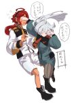  2girls absurdres ahoge asticassia_school_uniform black_footwear black_pantyhose blush closed_mouth commentary_request flying_sweatdrops full_body green_jacket green_shorts gundam gundam_suisei_no_majo highres jacket joker_(jjjokerrr233) long_hair long_sleeves miorine_rembran multiple_girls necktie pantyhose red_necktie redhead school_uniform shorts speech_bubble suletta_mercury thick_eyebrows translation_request white_background white_hair white_jacket white_shorts yellow_necktie 