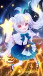  1girl :d dress full_body highres original red_eyes sky smile star_(sky) star_(symbol) starry_sky thigh-highs twintails white_hair white_thighhighs yottacc 