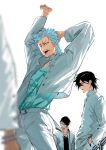  3boys absurdres alternate_costume alternate_hair_length alternate_hairstyle arm_behind_head arm_up black_hair black_shirt bleach blue_eyes blue_hair blue_shirt blurry blurry_foreground collarbone diao_bu_landuo green_eyes grimmjow_jaegerjaquez hair_between_eyes hand_in_pocket highres jacket jewelry long_sleeves looking_at_viewer multiple_boys necklace nnoitra_gilga one_eye_closed open_clothes open_jacket open_mouth pants school_uniform shirt stretching tearing_up teeth ulquiorra_cifer white_background white_jacket white_pants yawning 