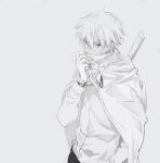  1boy absurdres carriann000 cloak covered_mouth gloves highres katana male_focus original shirt sword upper_body weapon white_cloak white_gloves white_hair white_shirt 