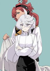  2girls absurdres asticassia_school_uniform black_hairband black_pants blanket blue_background blue_eyes closed_mouth collared_shirt commentary cowboy_shot crossed_arms frown grey_eyes gundam gundam_suisei_no_majo hairband highres holding holding_blanket jacket joker_(jjjokerrr233) long_hair long_sleeves miorine_rembran multiple_girls pants redhead school_uniform shirt simple_background suletta_mercury v-shaped_eyebrows white_hair white_jacket white_shirt 