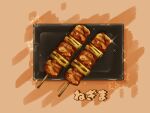  brown_background food food_focus highres kaneko_ryou meat no_humans original plate skewer sparkle still_life yakitori 