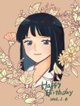  1girl black_hair blue_eyes blunt_bangs blush close-up collared_shirt commentary_request dated flower happy_birthday highres km11336 looking_at_viewer looking_to_the_side medium_hair nico_robin one_piece shirt smile solo white_shirt 