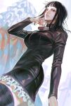  1girl black_hair blunt_bangs boots brown_eyes commentary cowboy_shot dress from_below hand_in_own_hair highres leather_dress long_sleeves looking_at_viewer looking_back medium_hair newponold nico_robin one_piece short_dress solo thigh_boots 