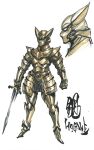  animal_ears armor breastplate brown_armor character_name commentary_request concept_art full_armor full_body garo_(series) gauntlets greaves green_eyes hagane_(garo) helmet highres holding holding_sword holding_weapon keita_amemiya_(keitaamemiya01) knight official_art pauldrons plate_armor plume shoulder_armor simple_background solo standing sword tokusatsu weapon white_background 