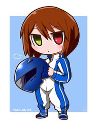  1girl alternate_costume blue_background blue_bodysuit blush bodysuit brown_hair chibi closed_mouth commentary_request dated expressionless full_body green_eyes hair_between_eyes helmet heterochromia highres holding holding_helmet itini-sanshi looking_at_viewer medium_bangs motorcycle_helmet racing_suit red_eyes rozen_maiden short_hair simple_background solo souseiseki standing two-tone_background two-tone_bodysuit white_background white_bodysuit 