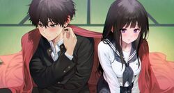  1boy 1girl black_hair blush chitanda_eru gakuran green_eyes grey_neckerchief highres hyouka indoors long_sleeves mery_(yangmalgage) neckerchief oreki_houtarou school_uniform serafuku shared_blanket sideways_glance sitting sweatdrop tatami violet_eyes 