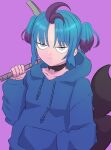  1girl absurdres antenna_hair black_choker black_tail blue_hair blue_hoodie choker closed_mouth collarbone depresso drawstring frown grey_eyes hand_in_pocket hand_up highres holding holding_pickaxe hood hood_down hoodie long_sleeves monochi_mochi multicolored_hair palworld pickaxe purple_background purple_hair short_hair simple_background solo tail two-tone_hair two_side_up 