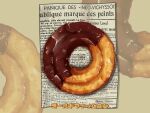  chocolate_doughnut doughnut food food_focus highres kaneko_ryou newspaper no_humans original still_life 