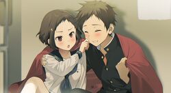  1boy 1girl ^_^ arm_around_shoulder black_jacket blue_neckerchief blush brown_hair cheek_pinching closed_eyes fukube_satoshi gakuran hetero highres hyouka ibara_mayaka indoors jacket long_hair looking_at_another mery_(yangmalgage) neckerchief pinching school_uniform serafuku shared_blanket short_hair sitting smile 