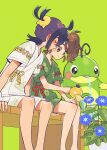 1boy 1girl bench black_hair blush brown_eyes brown_hair closed_mouth commentary_request flower green_background green_shirt green_shorts hetero highres juliana_(pokemon) kieran_(pokemon) morning_glory multicolored_hair nai_gai_hongcha pokemon pokemon_(creature) pokemon_sv politoed psyduck purple_hair shirt short_sleeves shorts sitting smile themed_object two-tone_hair watering white_shirt white_shorts