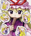  2girls animal_hat blonde_hair blush blush_stickers bow chibi chibi_inset chopsticks closed_eyes closed_mouth dress folded_fan folding_fan fox_tail frilled_dress frills from_behind hand_fan hat hat_ribbon heart highres holding holding_bow_(ornament) holding_chopsticks holding_fan long_sleeves looking_at_viewer mob_cap multiple_girls multiple_tails multiple_views open_mouth outline pink_headwear purple_tabard red_bow red_ribbon ribbon smile straight-on tabard tail touhou upper_body violet_eyes white_background wide_sleeves yakumo_ran yakumo_yukari yakumora_n 