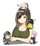  5girls black_hair black_jacket blonde_hair breasts brown_hair eyepatch girls_frontline green_shirt headset highres jacket junsuina_fujunbutsu long_hair looking_at_another m16a1_(girls&#039;_frontline) m4_sopmod_ii_(girls&#039;_frontline) m4a1_(girls&#039;_frontline) multicolored_hair multiple_girls pink_hair ro635_(girls&#039;_frontline) shirt st_ar-15_(girls&#039;_frontline) yellow_jacket 