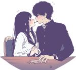  1boy 1girl black_hair black_jacket blush chitanda_eru collarbone embarrassed eye_contact facing_another flying_sweatdrops food food_in_mouth gakuran hetero hyouka jacket looking_at_another mery_(yangmalgage) oreki_houtarou own_hands_together pocky pocky_in_mouth pocky_kiss school_uniform serafuku shirt sitting sweatdrop violet_eyes white_shirt 