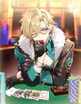  1boy aqua_shirt aventurine_(honkai:_star_rail) black_gloves black_jacket blonde_hair bracelet card cleavage_cutout clothing_cutout collared_shirt earrings fur_trim glasses gloves hair_between_eyes highres honkai:_star_rail honkai_(series) jacket jewelry long_sleeves looking_at_viewer male_focus mmmgnsn one_eye_closed pectoral_cleavage pectorals playing_card poker_chip poker_table ring shirt short_hair solo table 