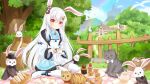  animal animal_ears boots candy_hair_ornament cat chinese_commentary commission food-themed_hair_ornament full_body hair_between_eyes hair_ornament highres hood hooded_jacket jacket long_hair original outdoors picnic picnic_basket picnic_blanket rabbit rabbit_ears rabbit_girl red_eyes smile thigh-highs very_long_hair white_hair white_thighhighs yottacc 